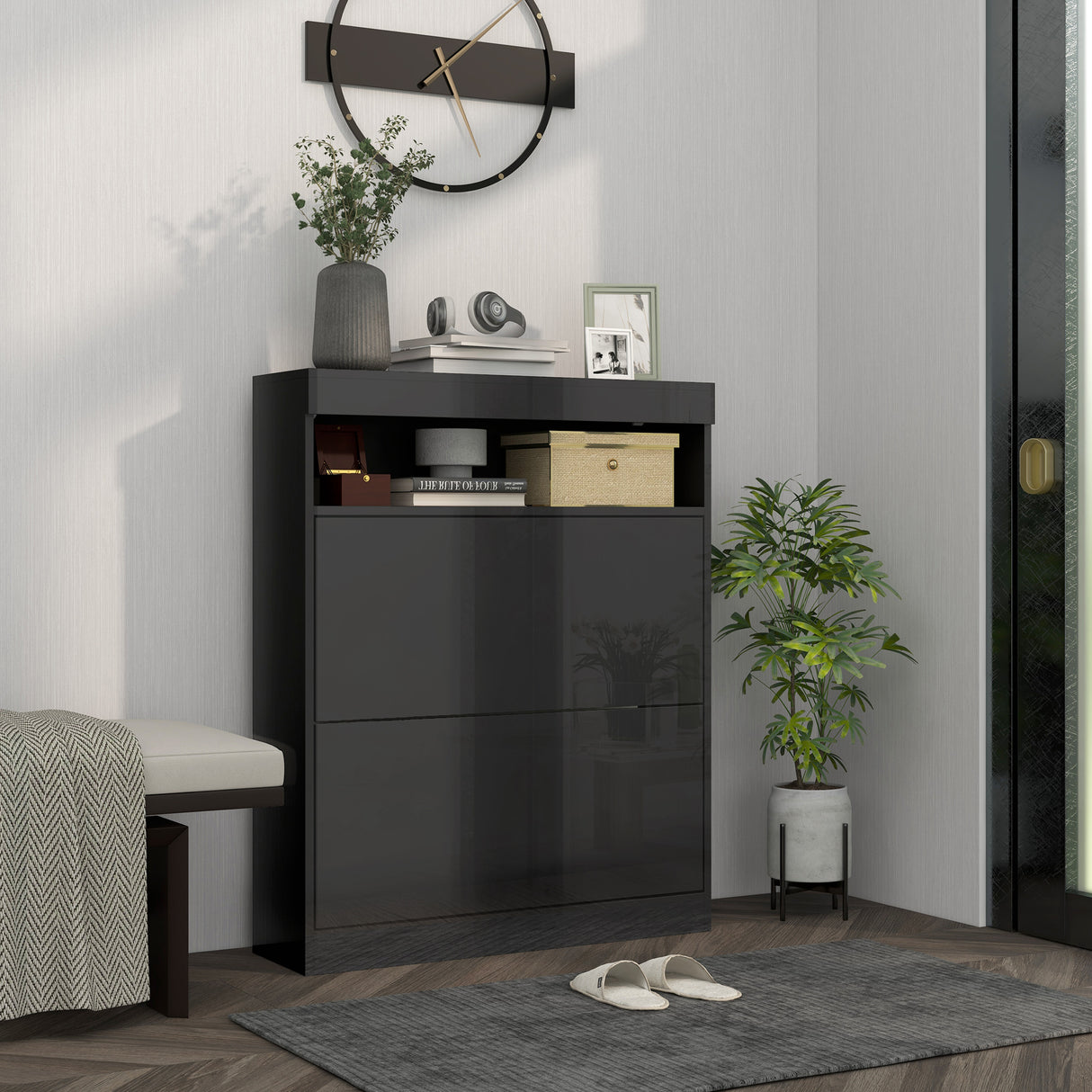 High Gloss Shoe Storage Cabinet 80cm Wide With 2 Flip Doors - Velmora