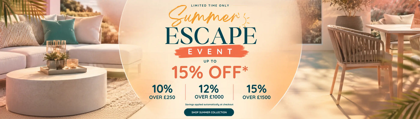 Promotional banner for the Summer Escape Event featuring outdoor lounge furniture and patio dining sets with savings of up to 15% on selected garden furniture collections.