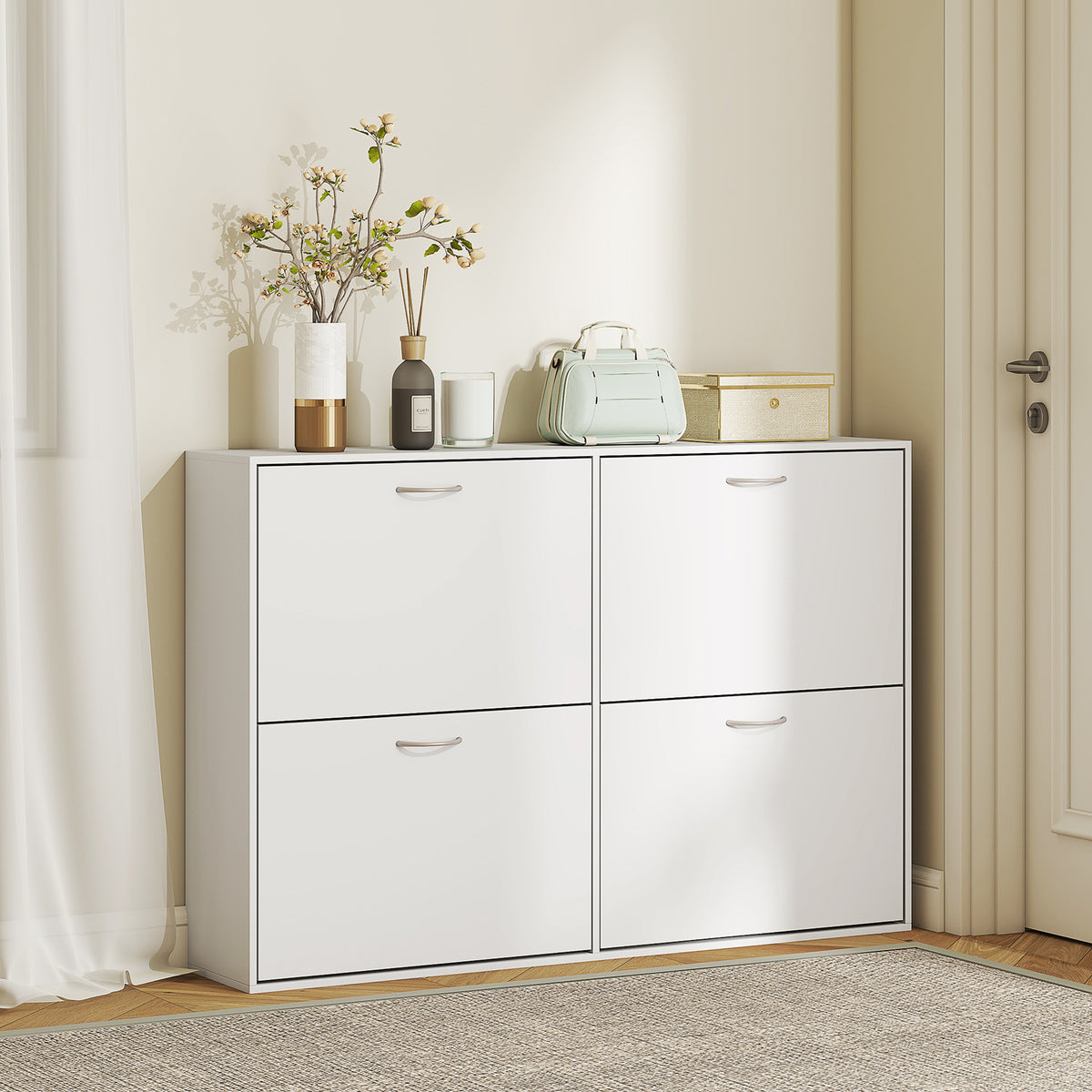 Wooden Shoe Storage Cabinet 120cm Wide With 4 Flip Doors - Velmora