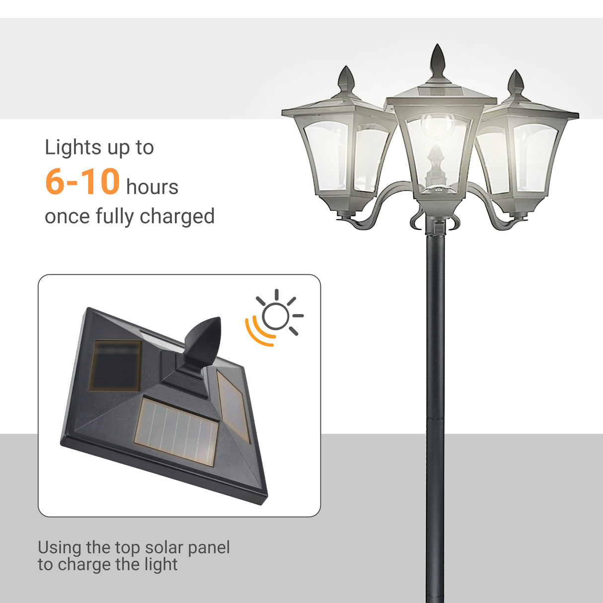 ABS Plastic 1.8m Tall Traditional Victorian Style 3 Way Head Garden Solar Lamp Post - Velmora