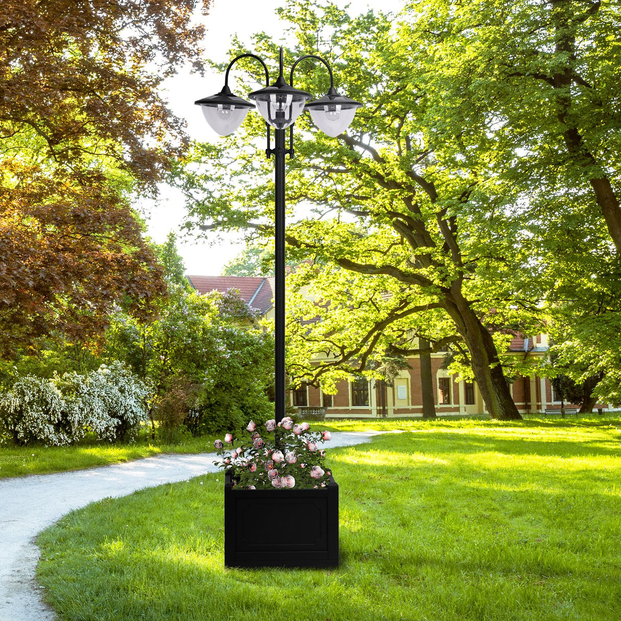 ABS Plastic 189cm 3-head Solar Powered Garden Lamp Post With Planter - Velmora