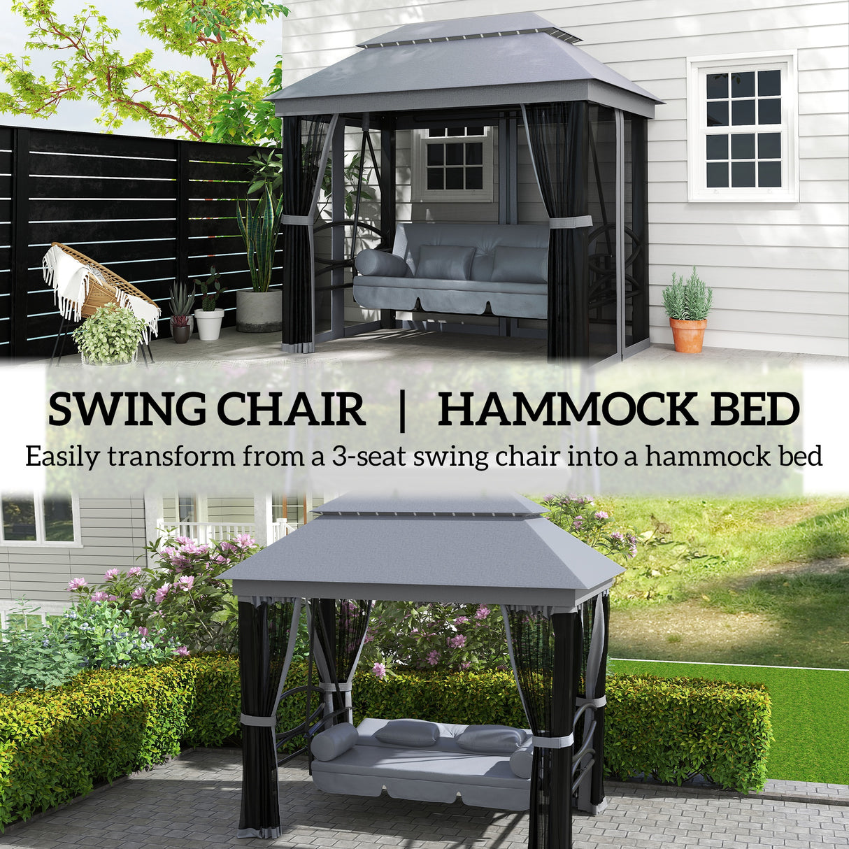 Alloy Steel 3-in-1 Convertible 3 Seater Garden Swing Chair Gazebo - Velmora