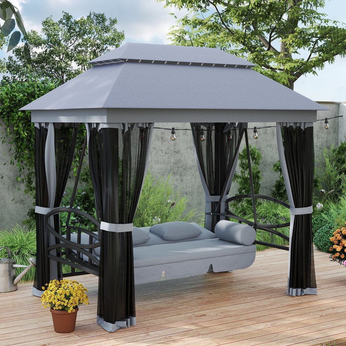 Alloy Steel 3-in-1 Convertible 3 Seater Garden Swing Chair Gazebo - Velmora