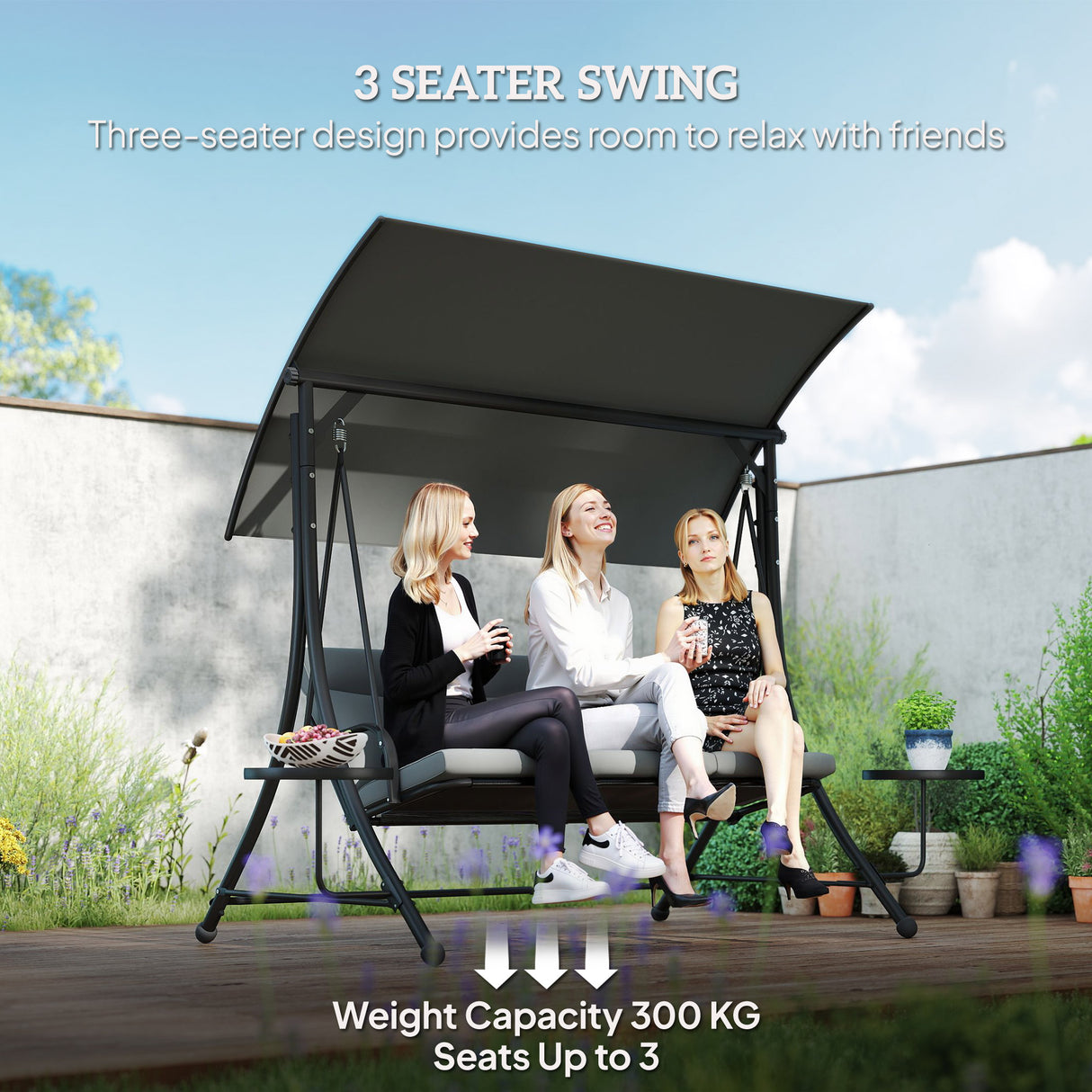 Alloy Steel 3 Seater Garden Swing Bench With Adjustable Canopy And Table - Velmora
