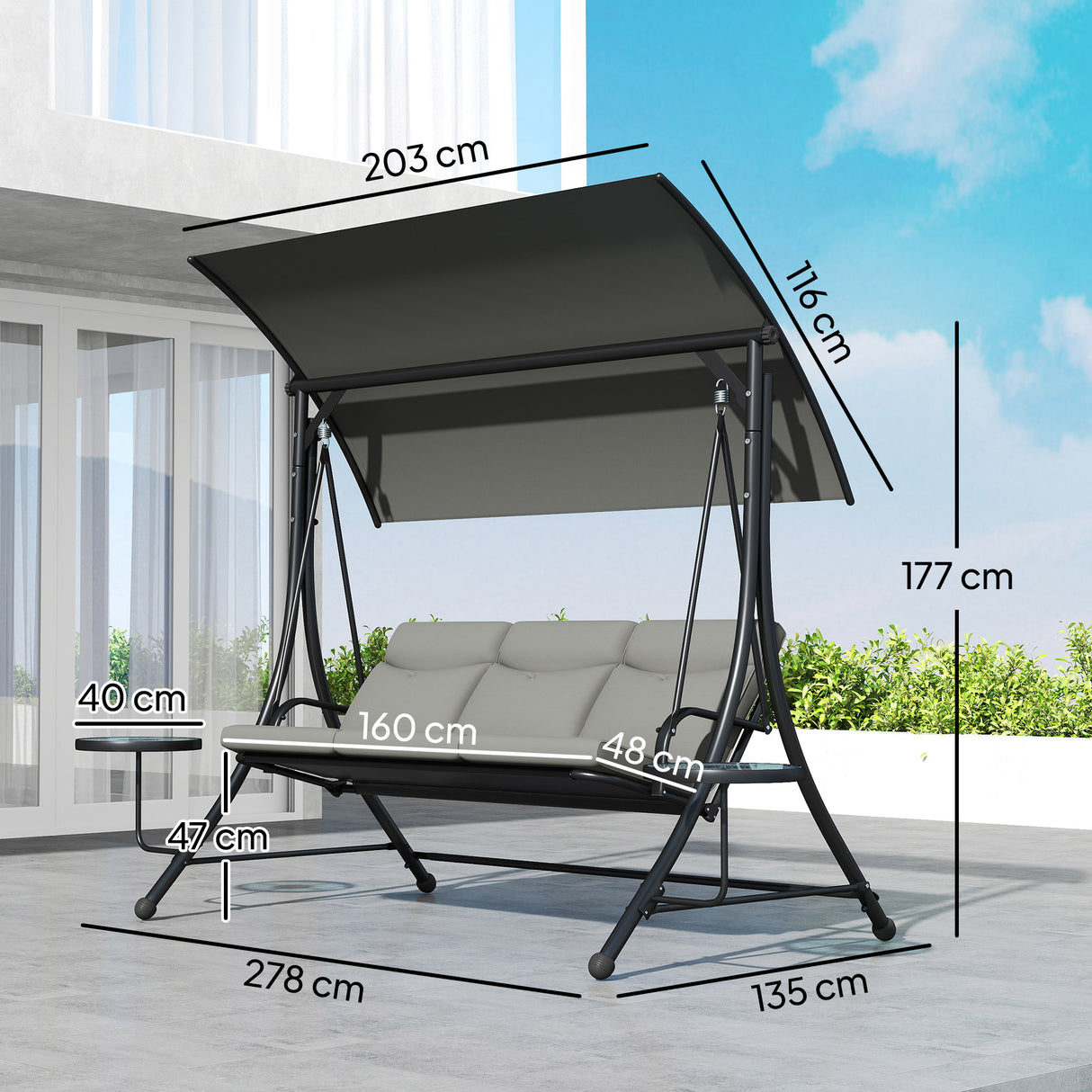 Alloy Steel 3 Seater Garden Swing Bench With Adjustable Canopy And Table - Velmora