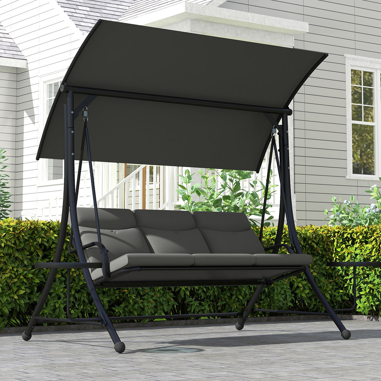 Alloy Steel 3 Seater Garden Swing Bench With Adjustable Canopy And Table - Velmora