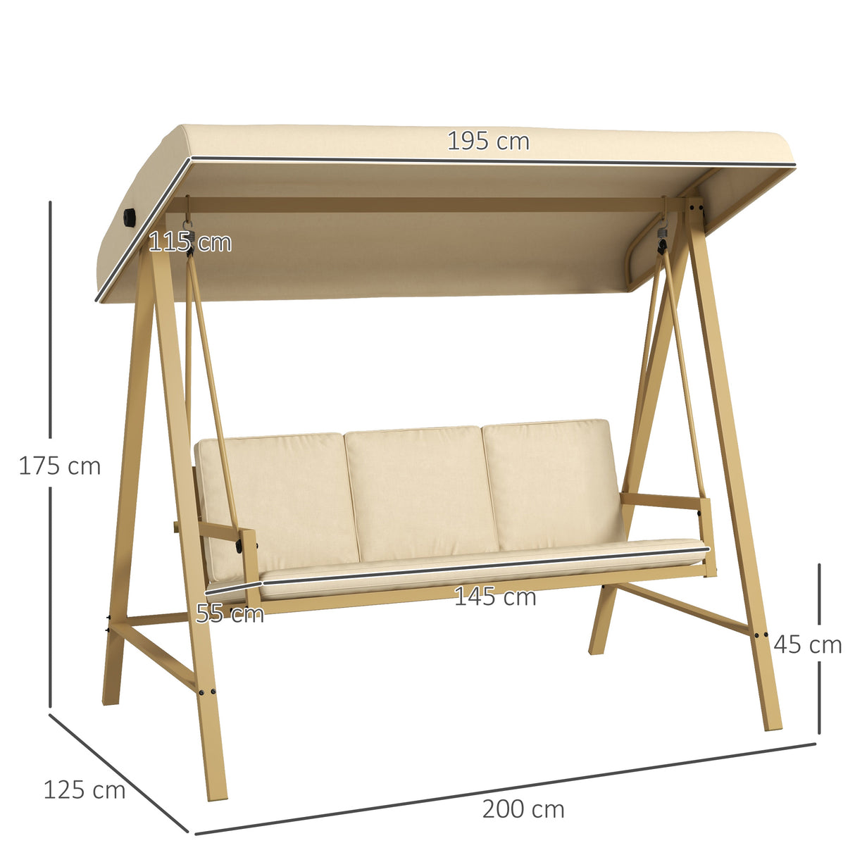 Alloy Steel 3 Seater Garden Swing Chair With Adjustable Canopy - Velmora