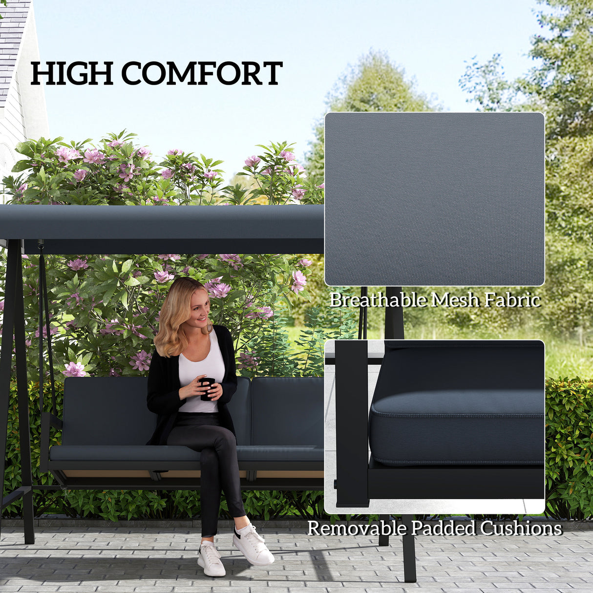 Alloy Steel 3 Seater Garden Swing Chair With Adjustable Canopy - Velmora