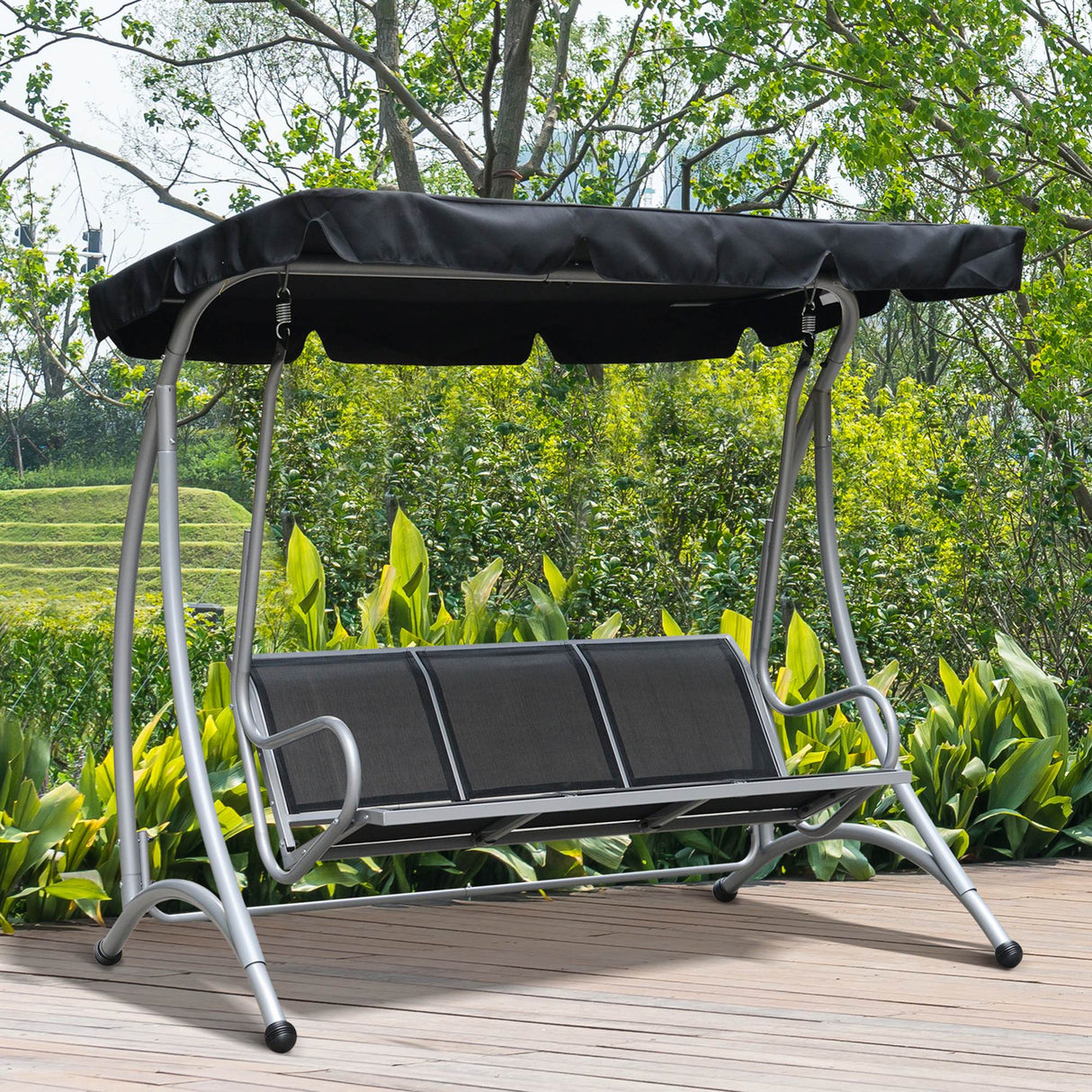 Alloy Steel 3 Seater Porch Swing Chair Bench With Canopy - Velmora