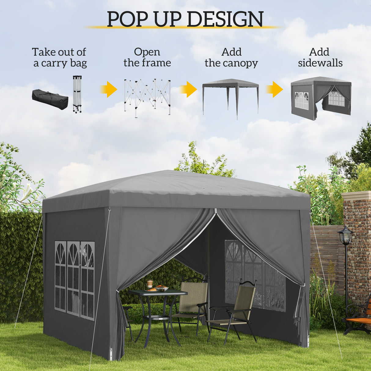 Alloy Steel Pop Up Gazebo With Curtain Walls 295cm Width x 295cm Depth - Velmora