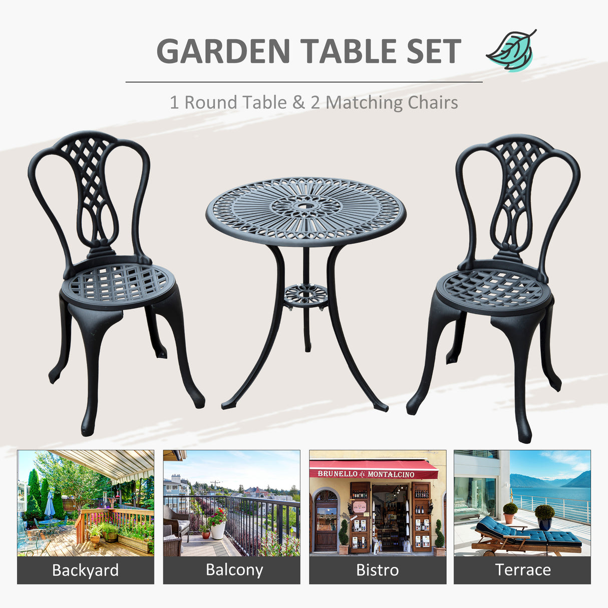 Aluminium 3 Piece Patio Garden Bistro Set in Shabby Chic Style - Velmora