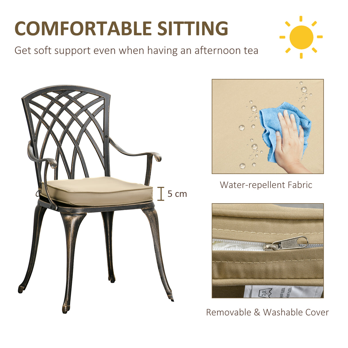 Aluminium 3 Pieces Garden Bistro Set for 2 People With Cushions - Velmora