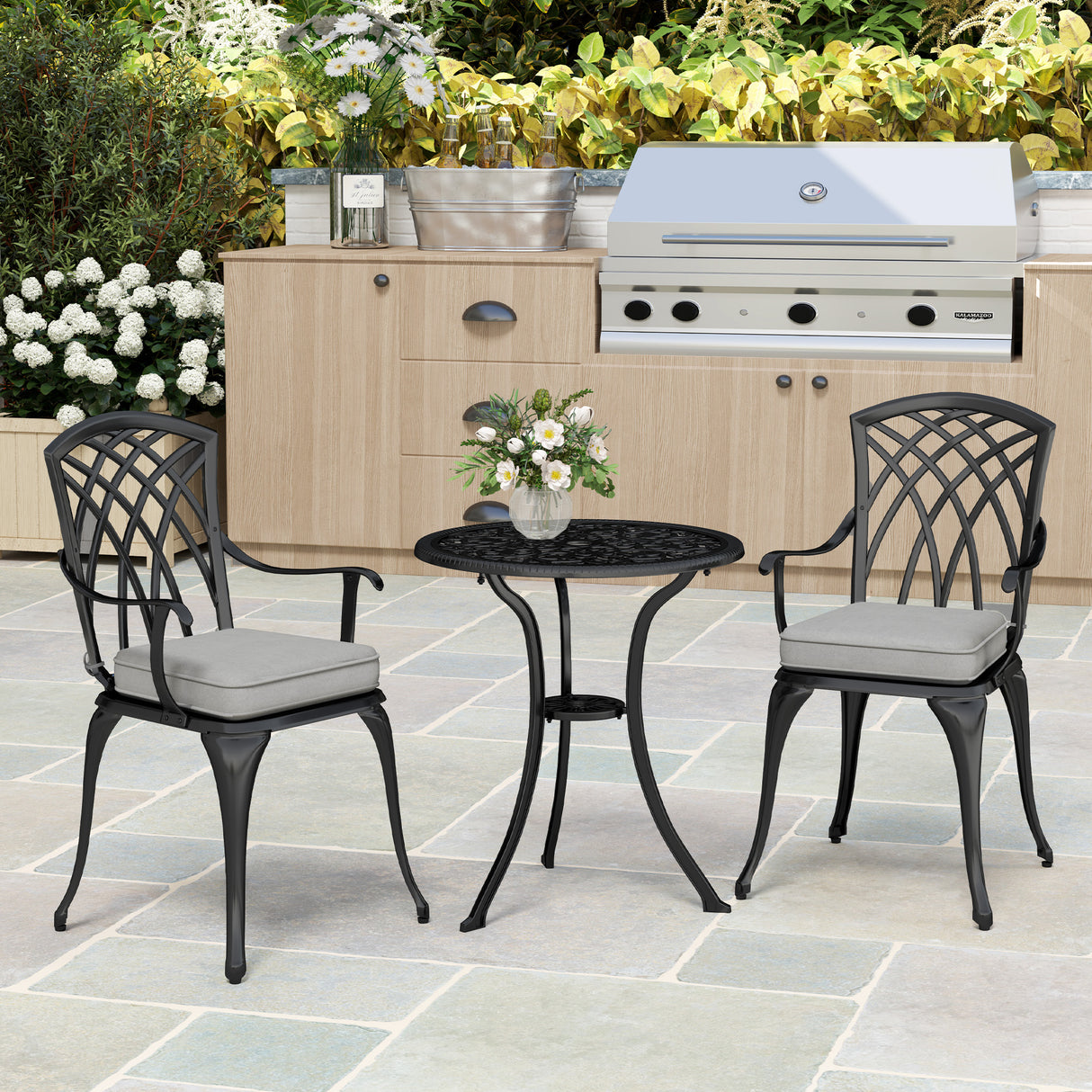 Aluminium 3 Pieces Garden Bistro Set for 2 People With Cushions - Velmora