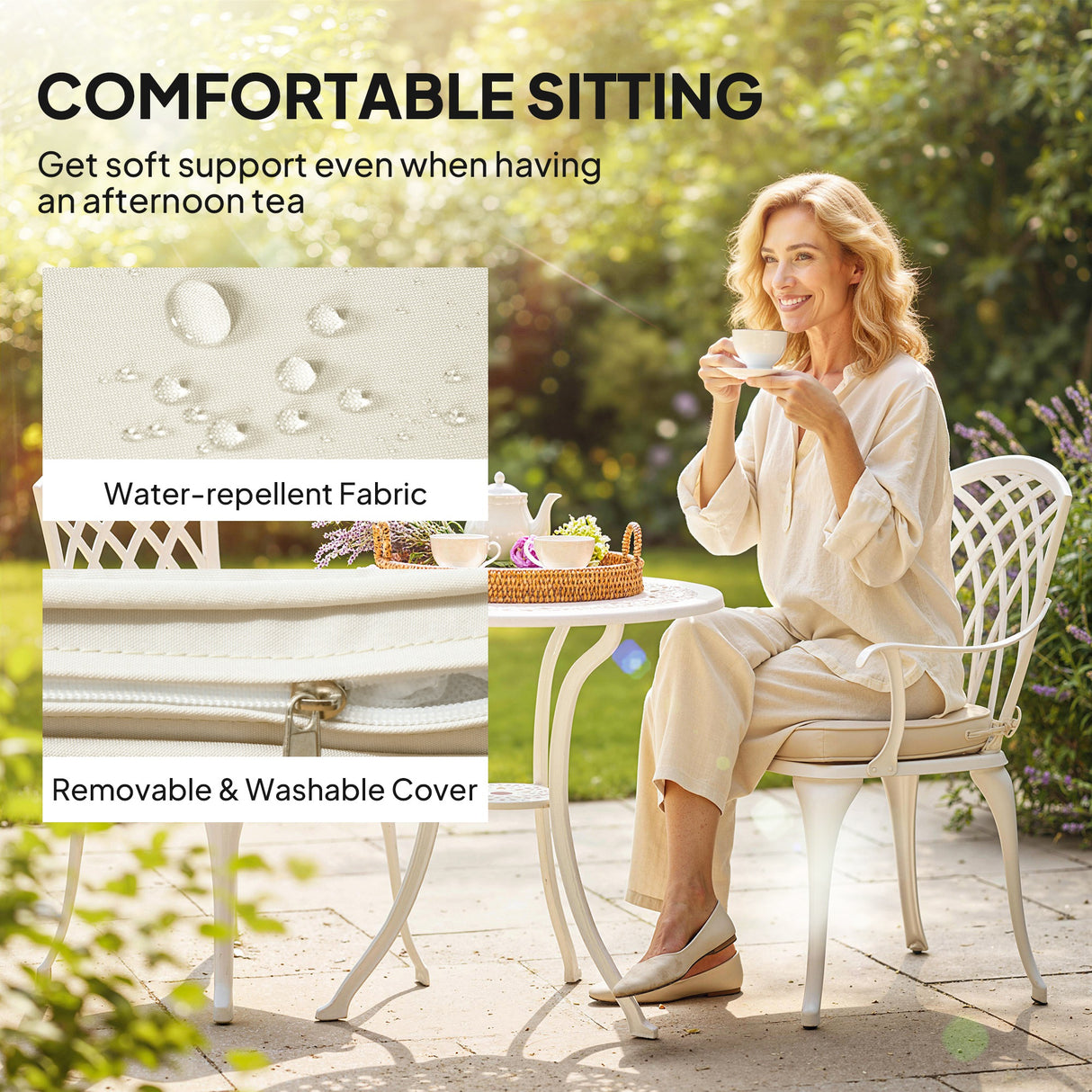 Aluminium 3 Pieces Garden Bistro Set for 2 People With Cushions - Velmora