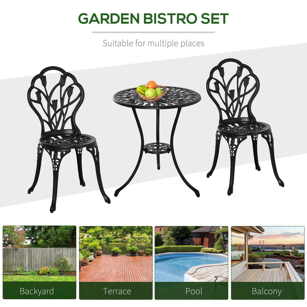 Aluminium 3 Pieces Garden Bistro Set With Parasol Hole for Balcony - Velmora