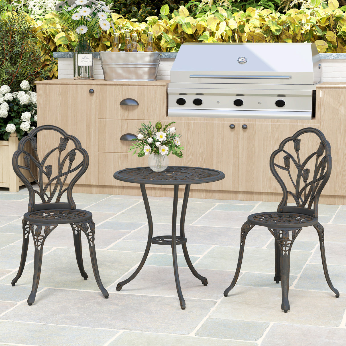 Aluminium 3 Pieces Garden Bistro Set With Parasol Hole for Balcony - Velmora