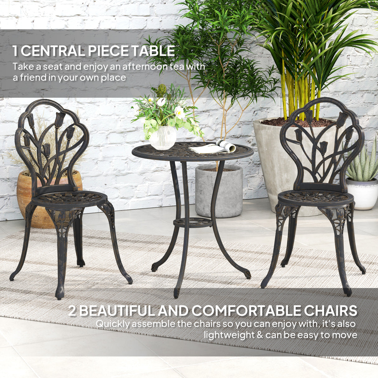 Aluminium 3 Pieces Garden Bistro Set With Parasol Hole for Balcony - Velmora