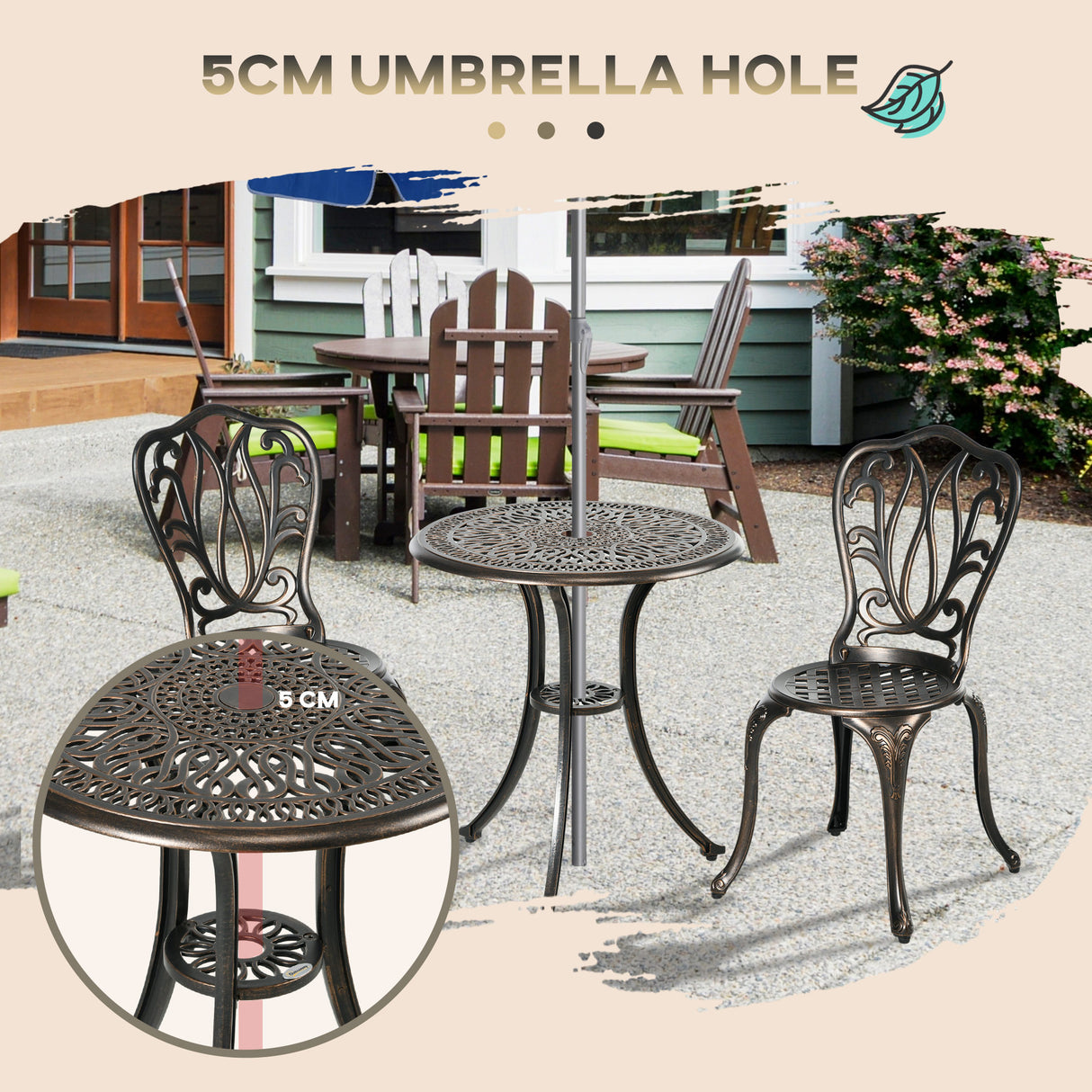 Aluminium 3 Pieces Garden Bistro Set With Parasol Hole - Velmora