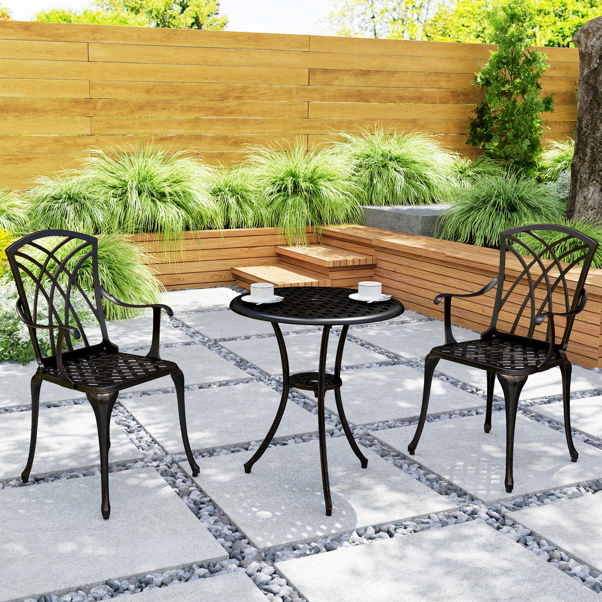 Aluminium 3 Pieces Round Garden Bistro Set With 2 Armchairs - Velmora