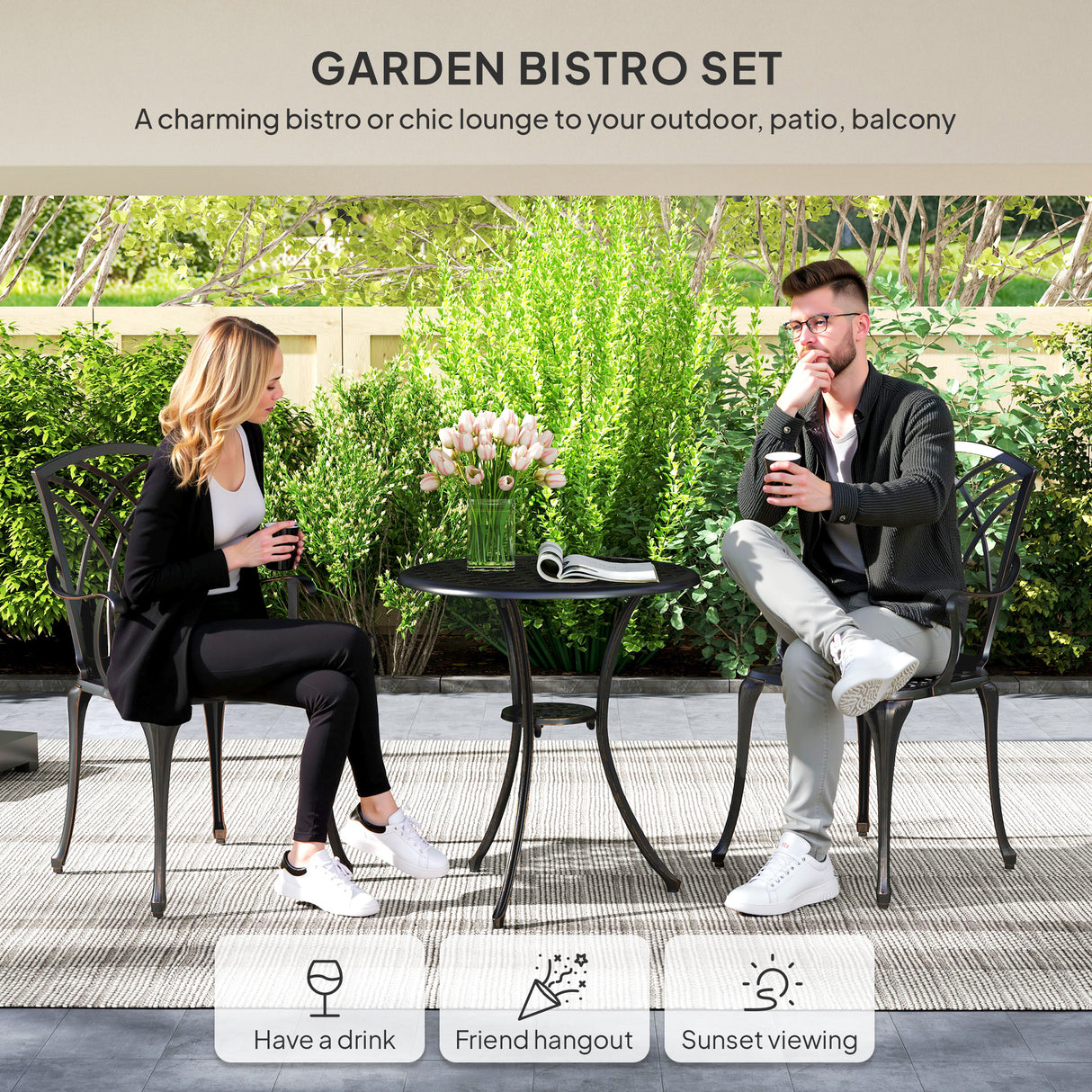 Aluminium 3 Pieces Round Garden Bistro Set With 2 Armchairs - Velmora