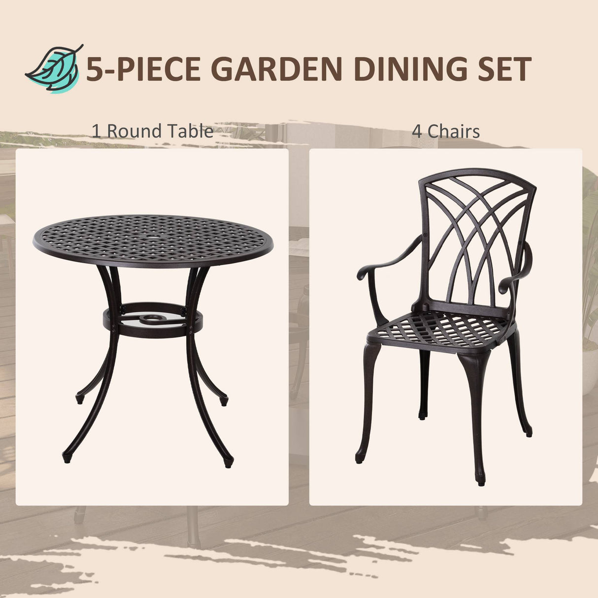 Aluminium 5 Pieces Round Garden Dining Set for 4 People - Velmora