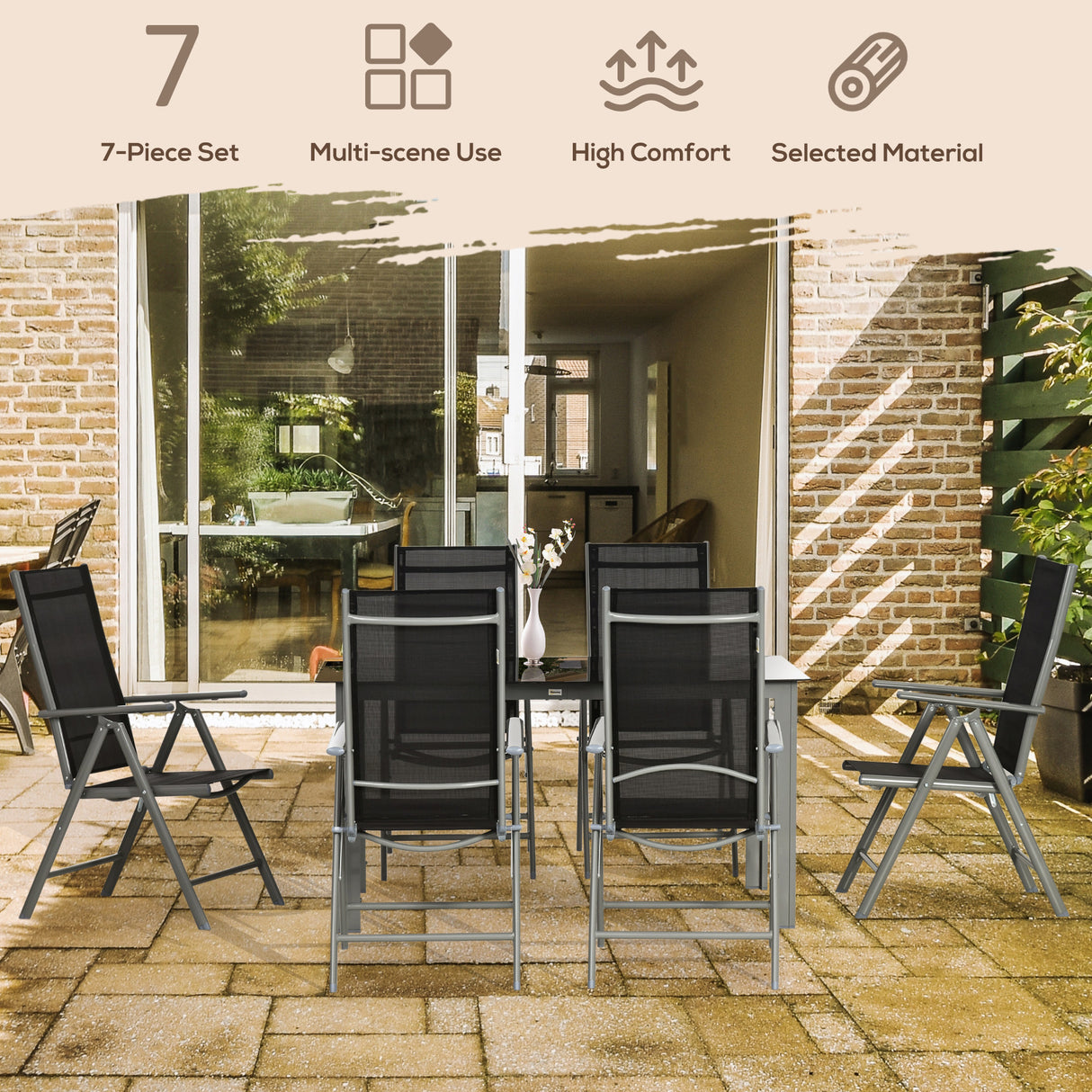 Aluminium 6 Seater Garden Dining Set With 6 Folding and Reclining Chairs - Velmora