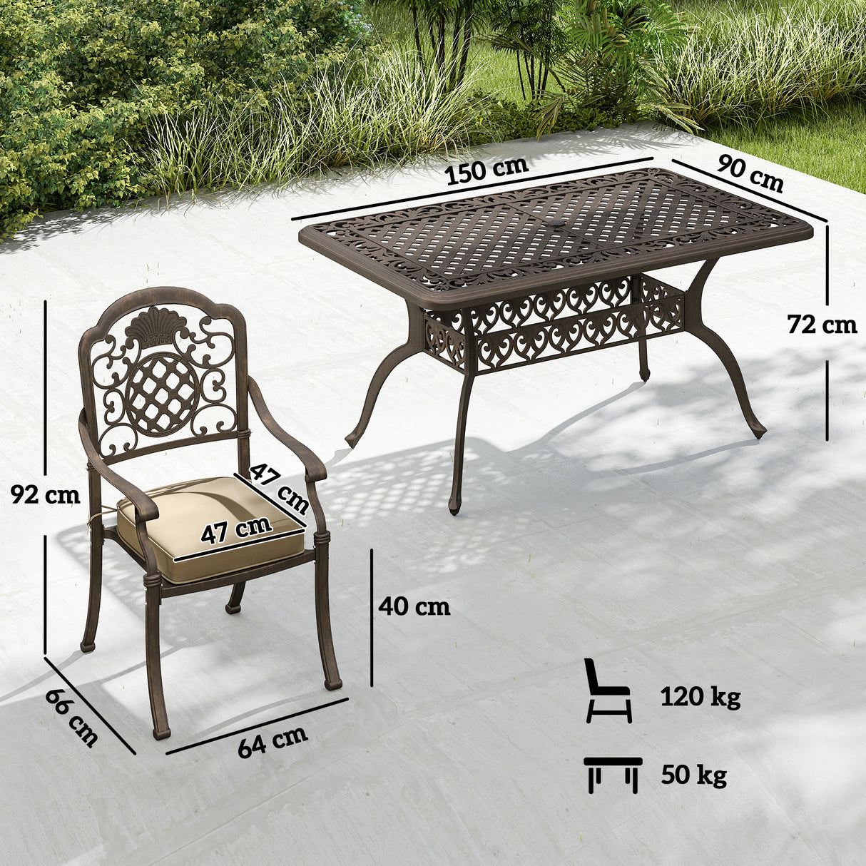 Aluminium 6 Seater Garden Dining Set With Cushions and Parasol Hole - Velmora