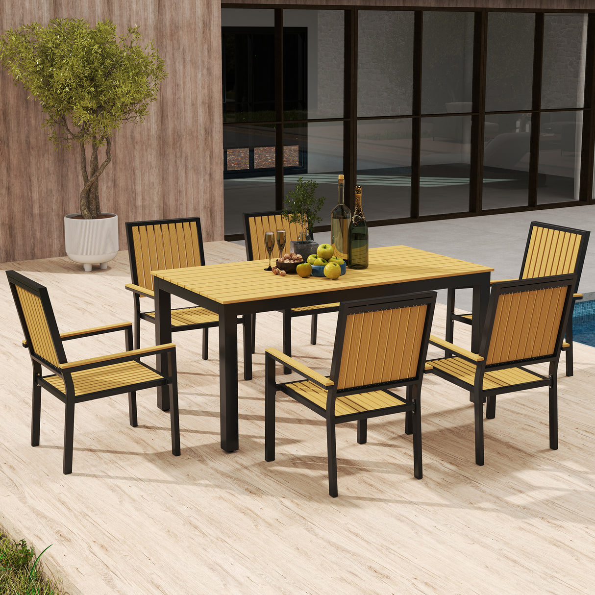 Aluminium 6 Seater Garden Dining Set With Stackable Chairs And Rectangular Table - Velmora
