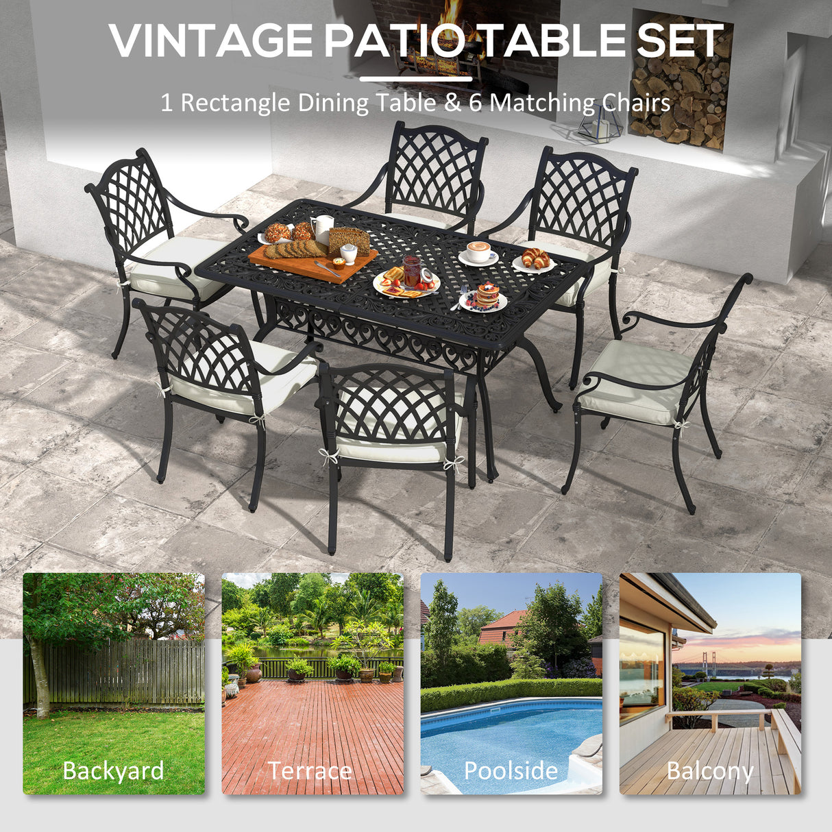 Aluminium 7 Pieces Patio Garden Dining Set With Parasol Hole With Cushions - Velmora