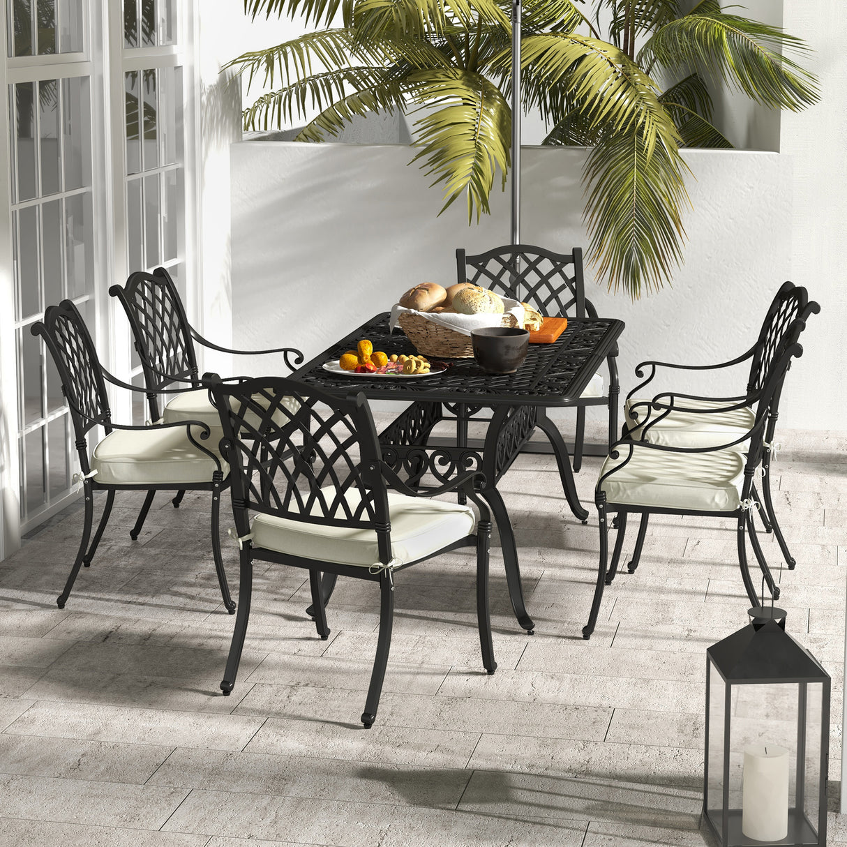 Aluminium 7 Pieces Patio Garden Dining Set With Parasol Hole With Cushions - Velmora