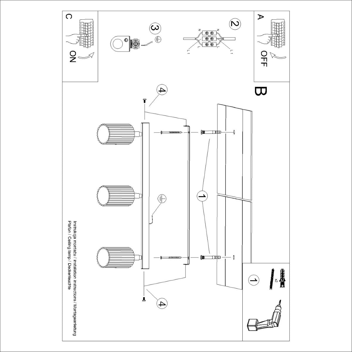 Aluminium Ceiling Light With 3 Karbon Lamps - Deep Space