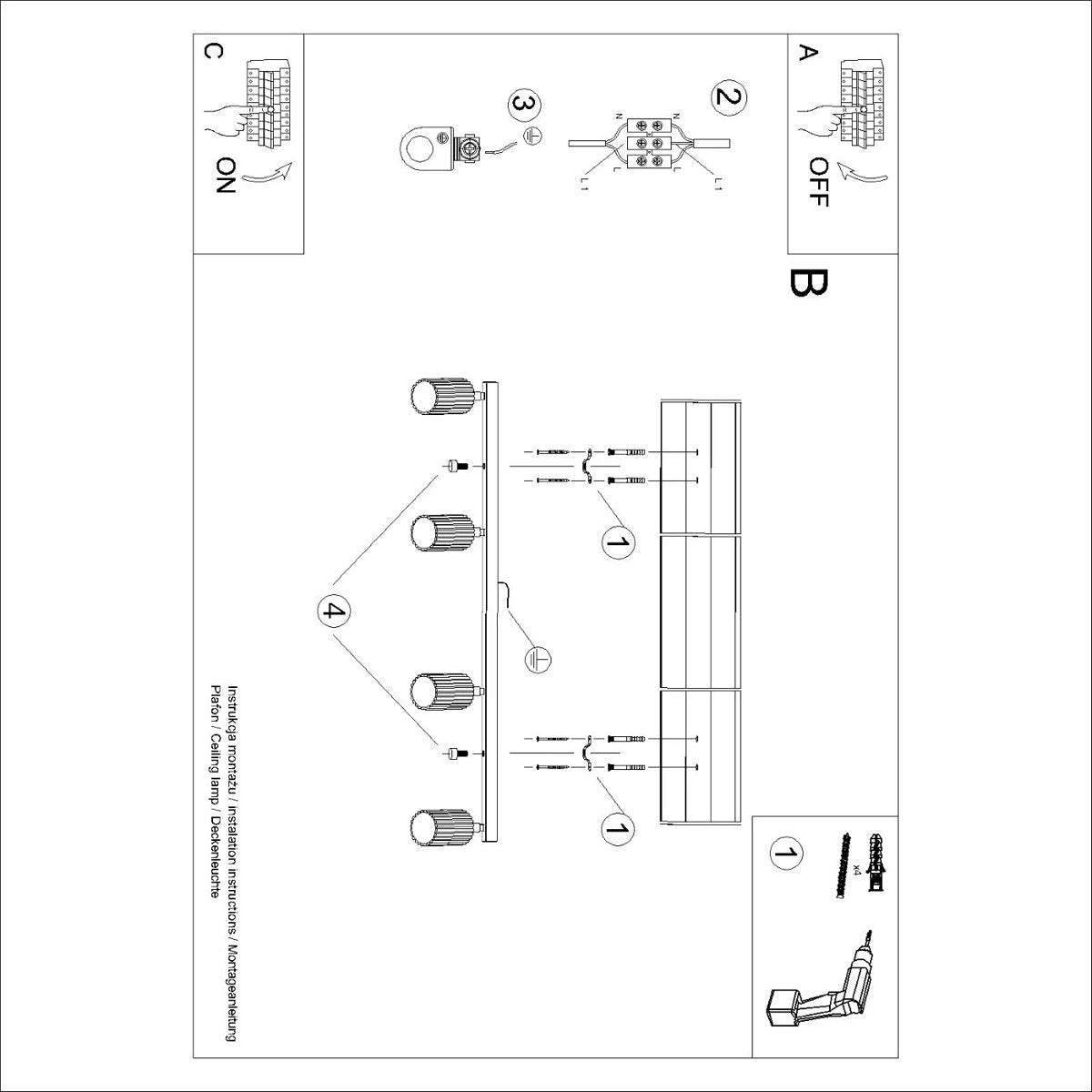 Aluminium Ceiling Light With 4 Karbon Lamps - Deep Space