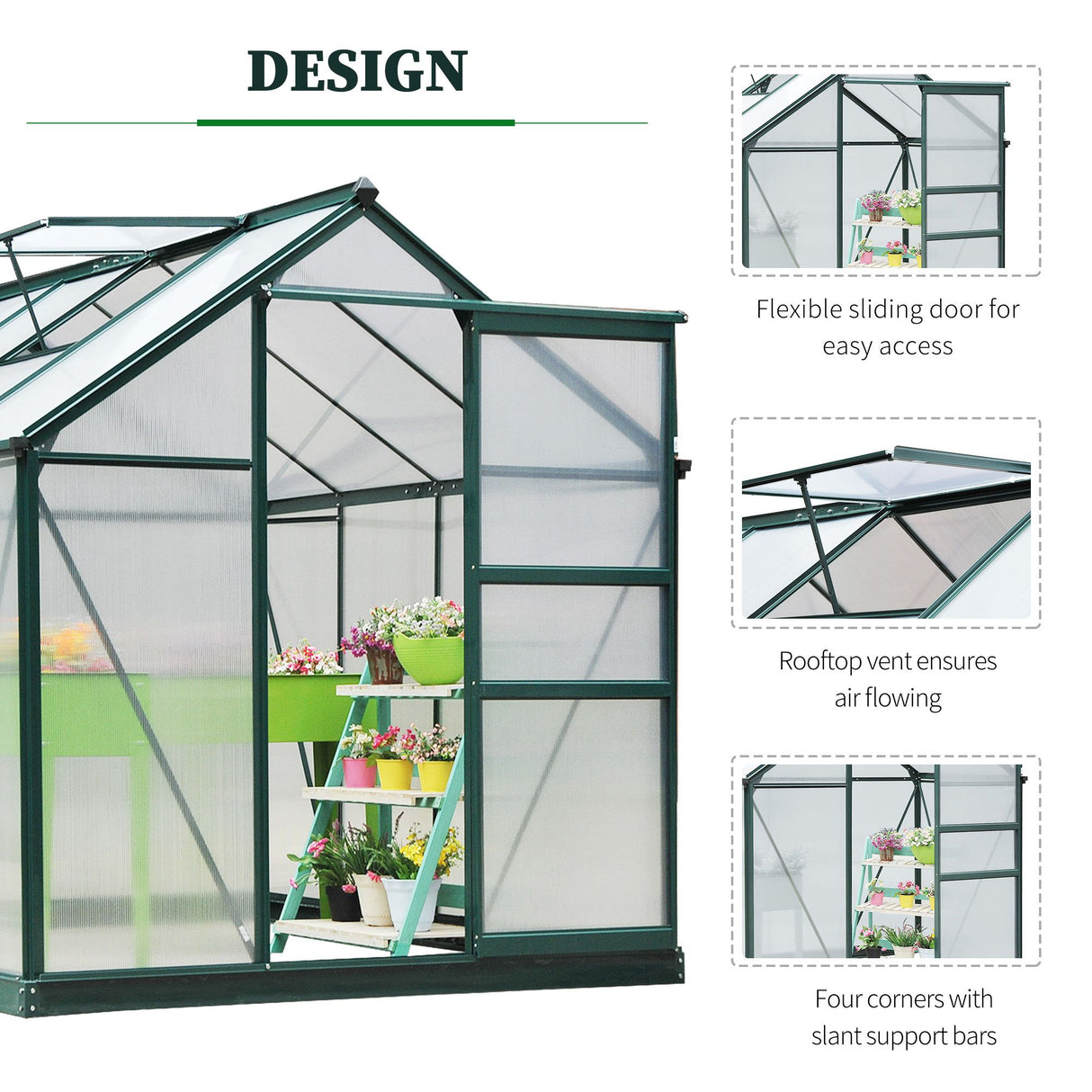 Aluminium Frame Garden Greenhouse 6ft x 8ft With Slide Door - Velmora