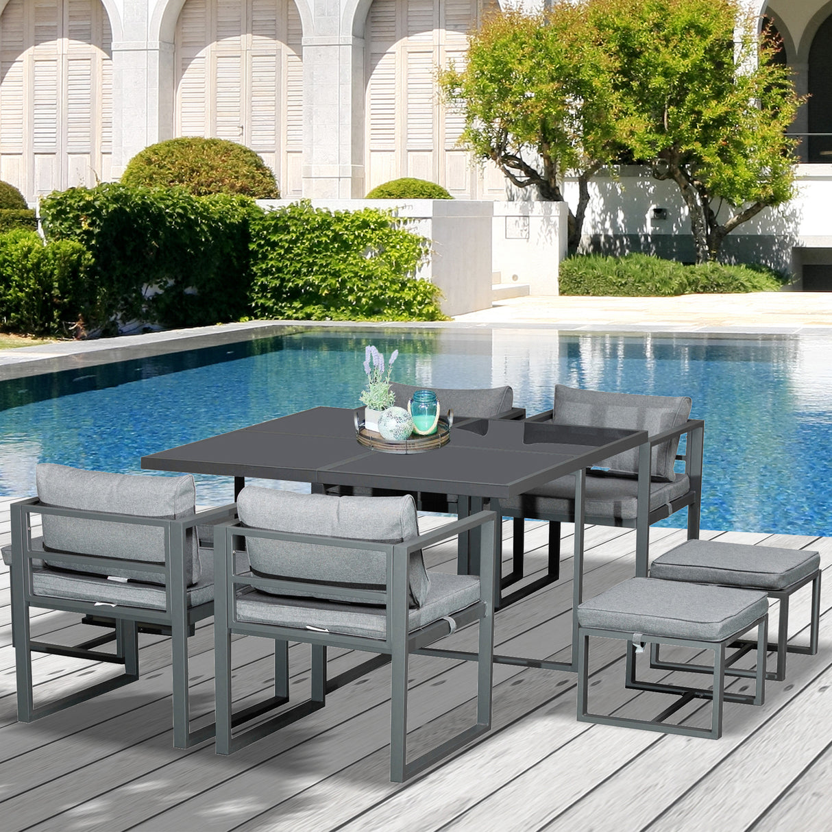 Aluminium Garden Sofa Set With Square Glass Top Table And Stools - Velmora