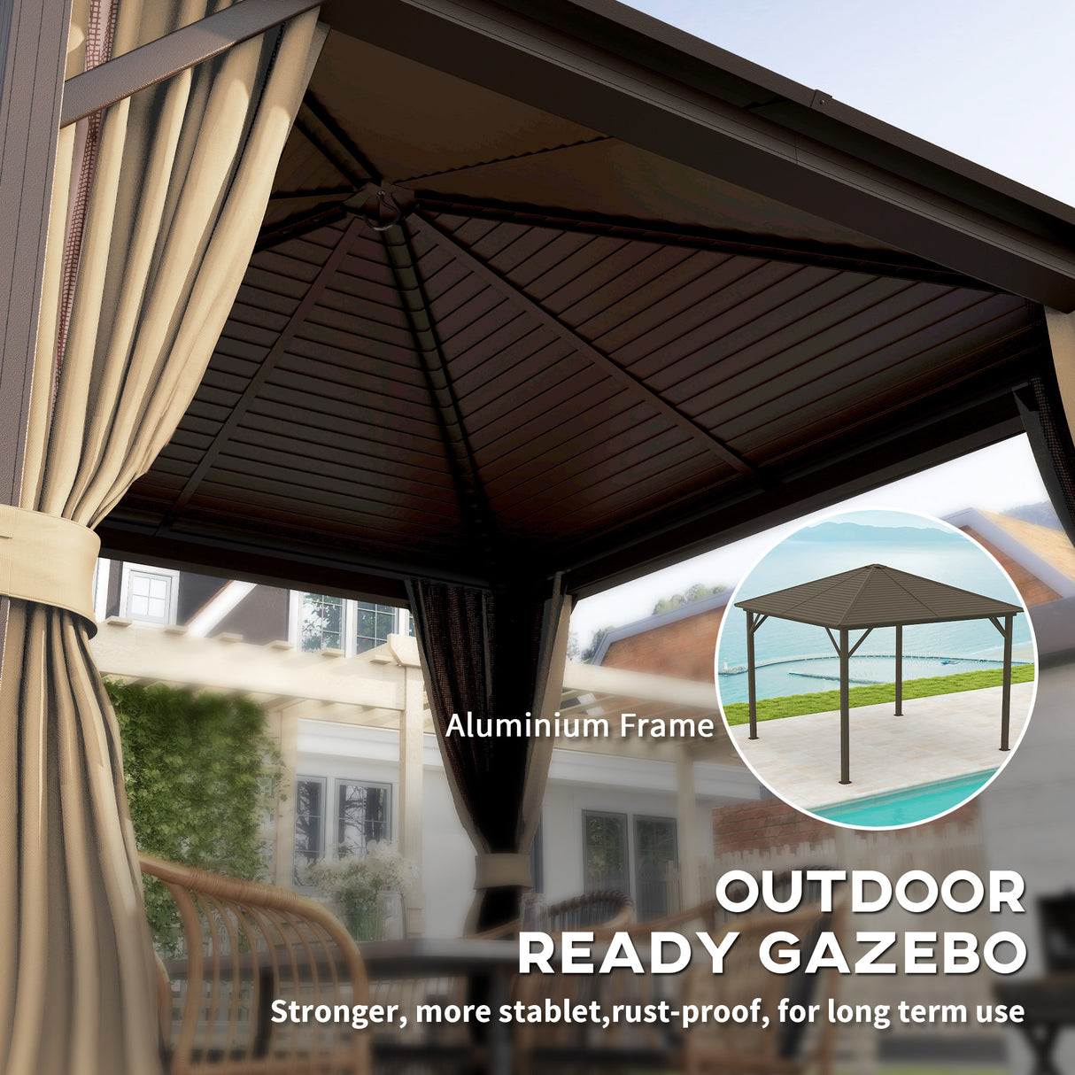 Aluminium Hardtop Gazebo 298cm Width x 298cm Depth With Curtains - Velmora