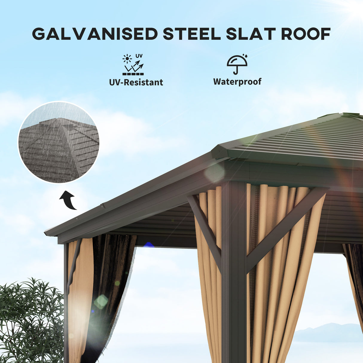 Aluminium Hardtop Gazebo 298cm Width x 298cm Depth With Curtains - Velmora