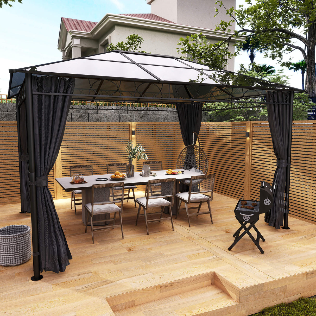 Aluminium Hardtop Gazebo 300cm Width x 300cm Depth With Curtains - Velmora