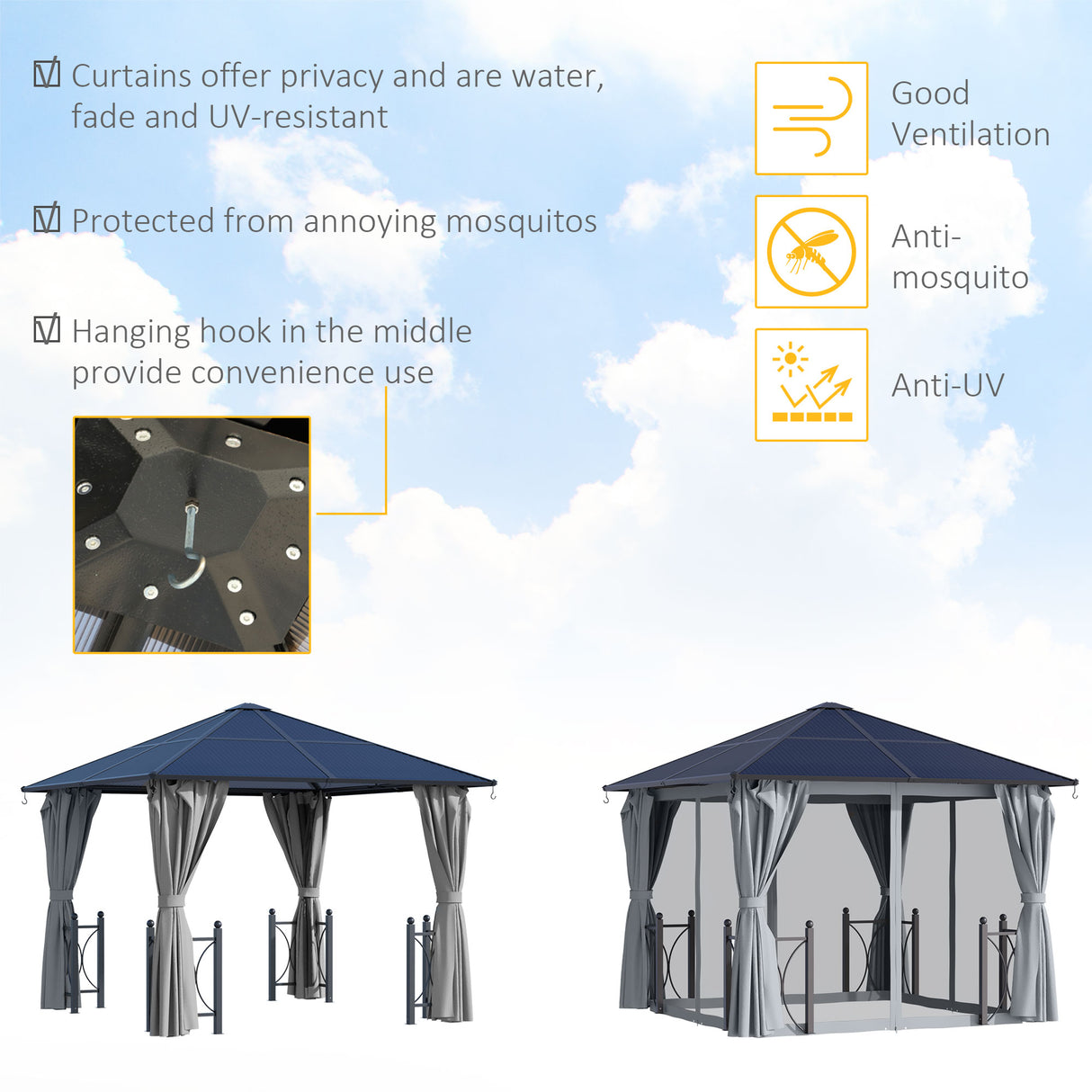 Aluminium Hardtop Gazebo 300cm Width x 300cm Depth With Polycarbonate Roof - Velmora