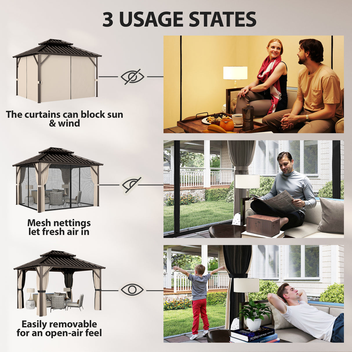 Aluminium Hardtop Gazebo 301cm Width x 301cm Depth With Curtains - Velmora