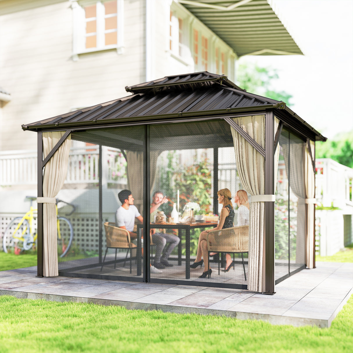 Aluminium Hardtop Gazebo 301cm Width x 301cm Depth With Curtains - Velmora