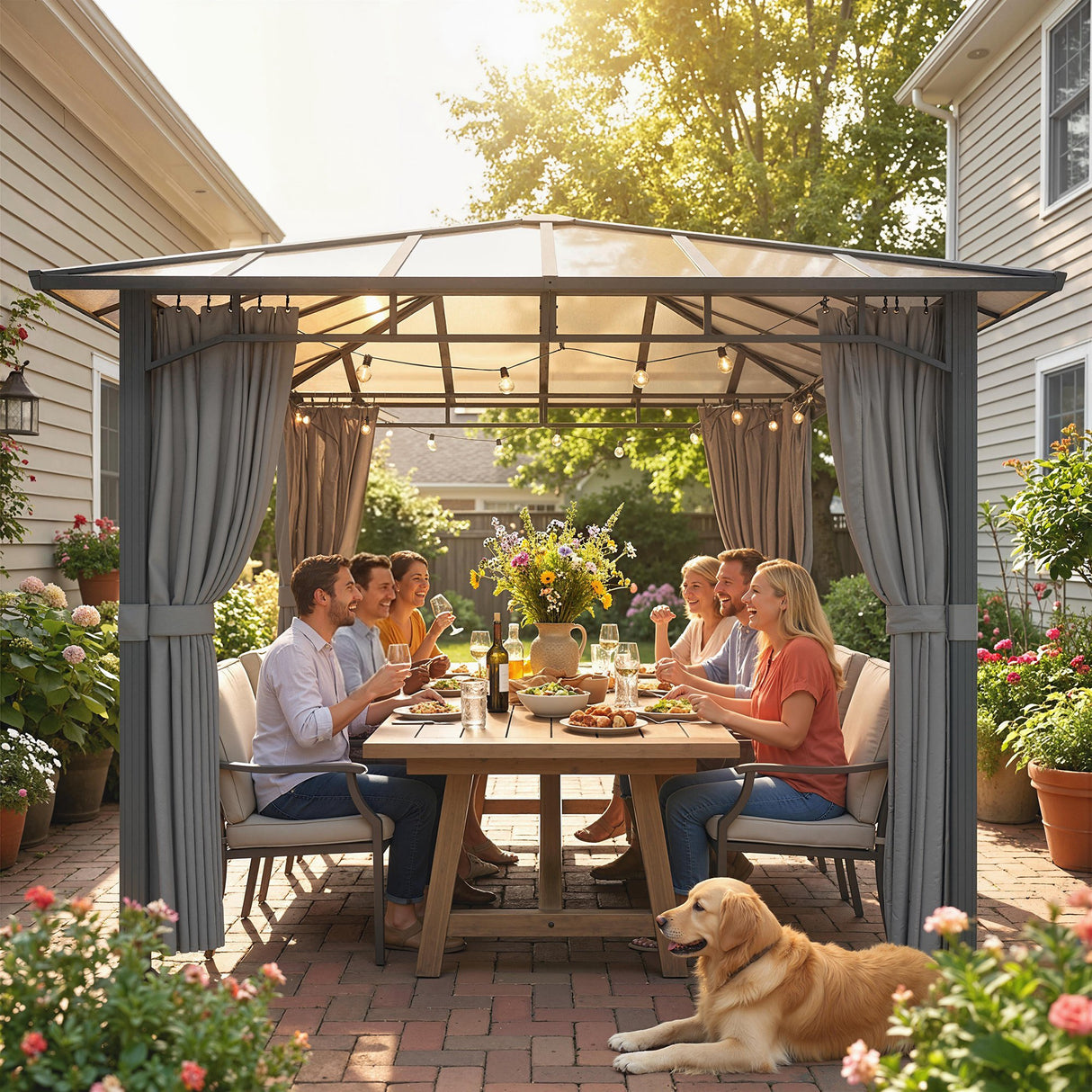 Aluminium Hardtop Gazebo 302cm Width x 302cm Depth With Curtains - Velmora