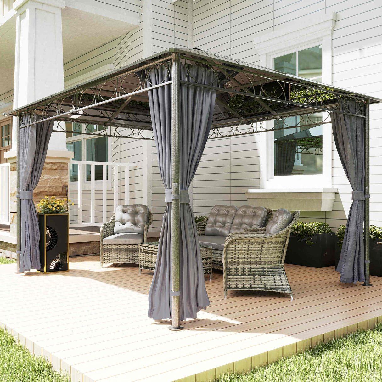 Aluminium Hardtop Gazebo 360cm Width x 300cm Depth With Curtains - Velmora