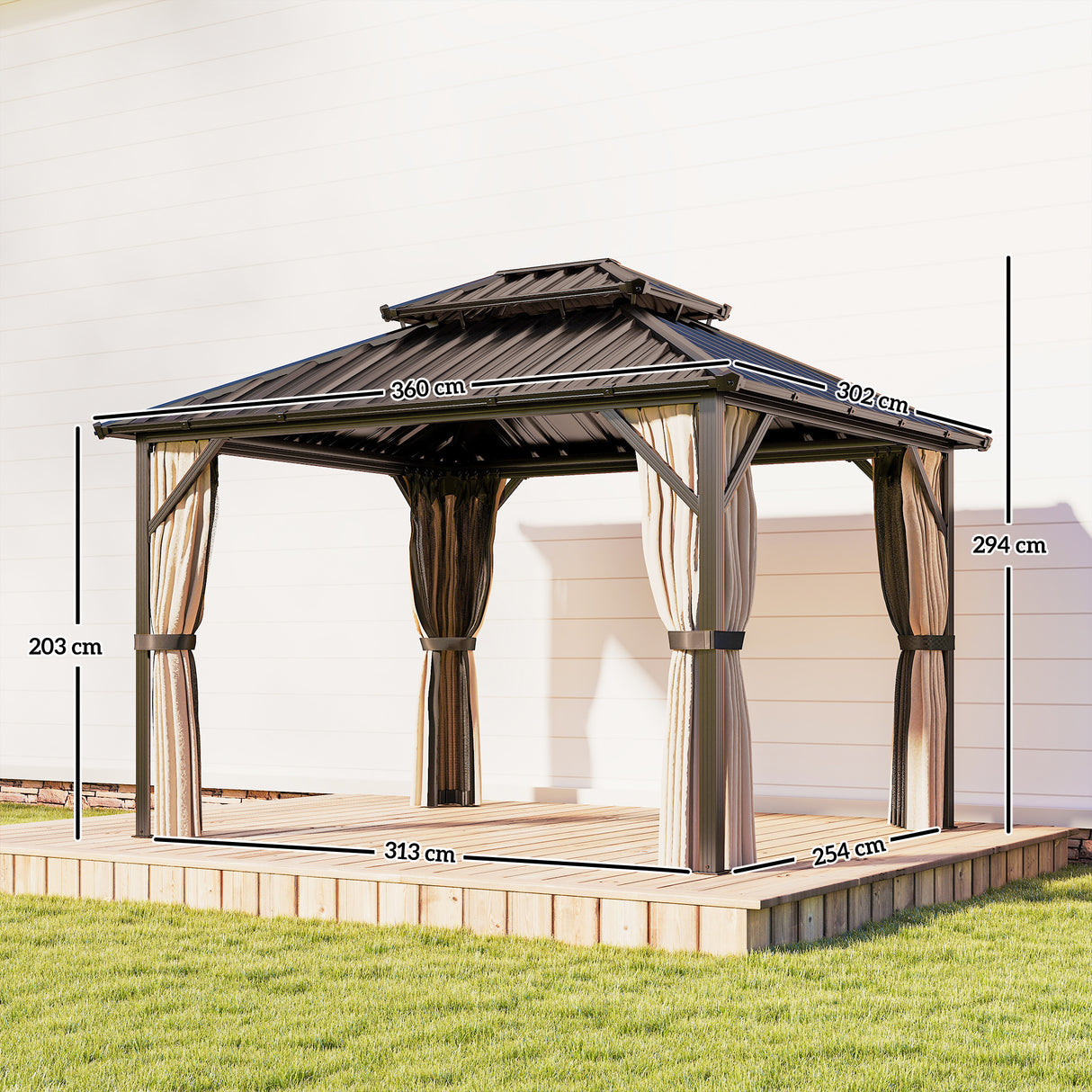 Aluminium Hardtop Gazebo 360cm Width x 301cm Depth With Curtains - Velmora