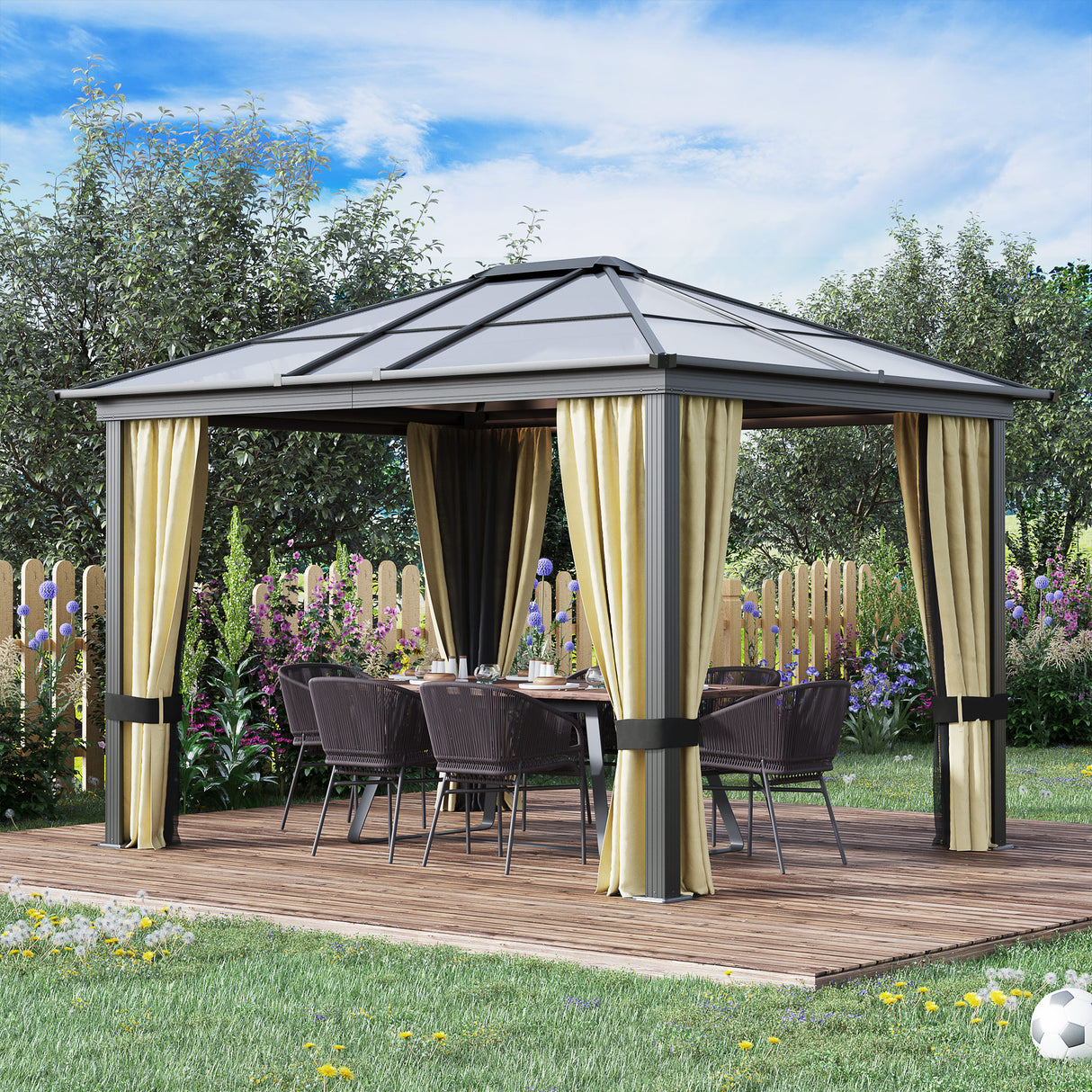 Aluminium Hardtop Gazebo 362cm Width x 295cm Depth With Netting And Curtains - Velmora