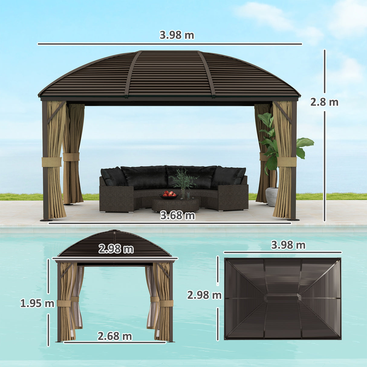 Aluminium Hardtop Gazebo 398cm Width x 298cm Depth With Curtains - Velmora