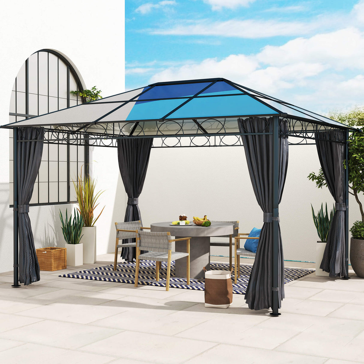 Aluminium Hardtop Gazebo 398cm Width x 300cm Depth With Curtains - Velmora