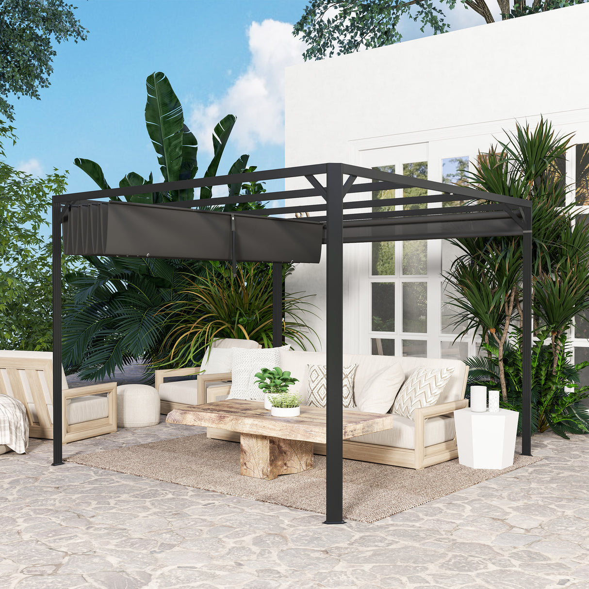 Aluminium Pergola With Retractable Roof 300cm Width x 300cm Depth - Velmora