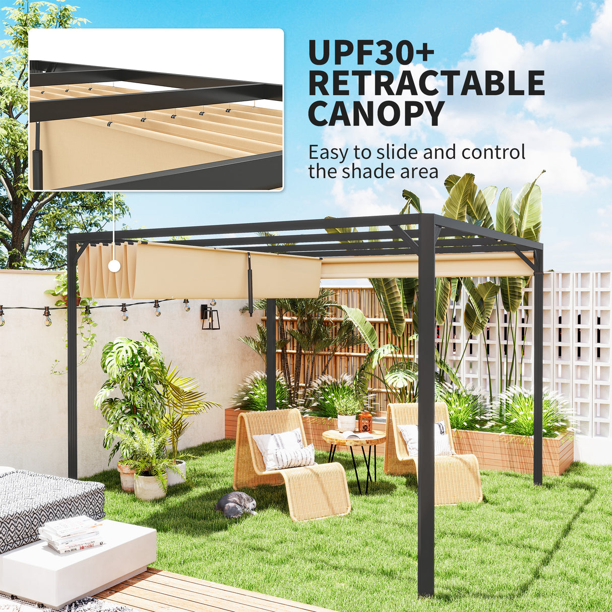 Aluminium Pergola With Retractable Roof 300cm Width x 300cm Depth - Velmora