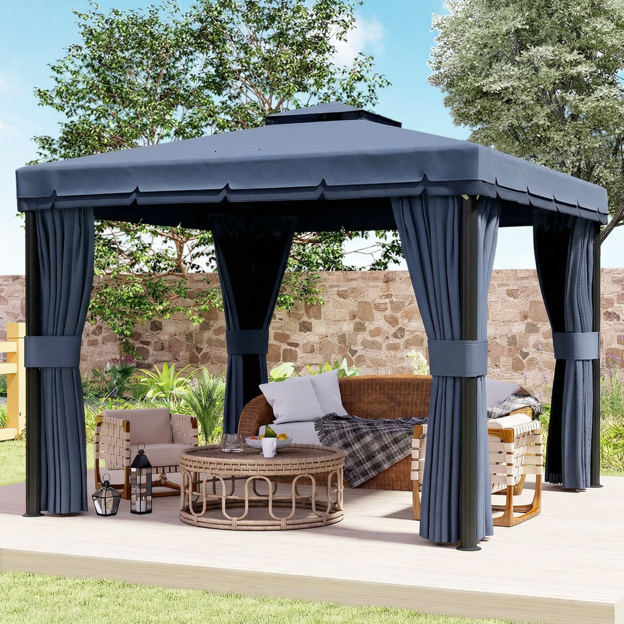 Aluminium Softtop Gazebo 296cm Width x 296cm Depth With Curtains - Velmora
