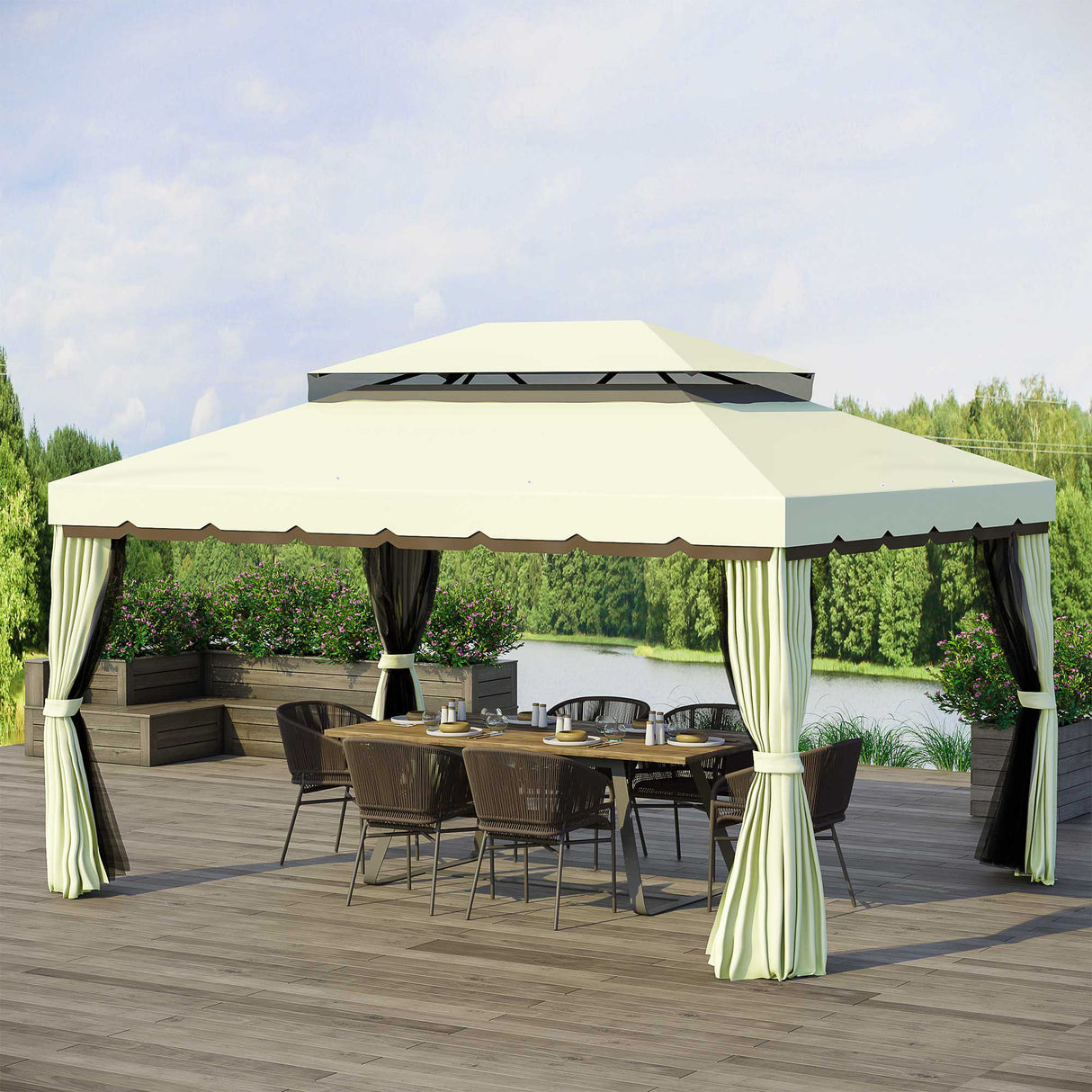 Aluminium Softtop Gazebo 390cm Width x 290cm Depth With Curtains And Netting - Velmora